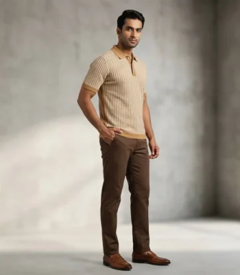 Men’s Beige Textured Vertical Stripe Knit Polo T Shirt (2)