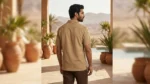 Men's Beige Waffle Knit Cuban Collar Shirt with Palm Tree Embroidery (1)