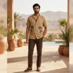 Men's Beige Waffle Knit Cuban Collar Shirt with Palm Tree Embroidery (2)