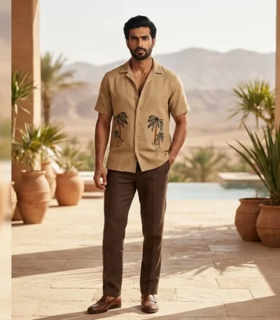 Men's Beige Waffle Knit Cuban Collar Shirt with Palm Tree Embroidery (2)