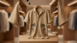 Men's Beige Waffle Knit Cuban Collar Shirt with Palm Tree Embroidery (4)