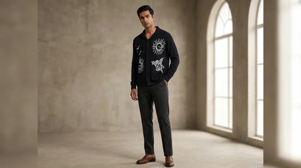 Men's Black Knit Sun & Cherub Graphic Cuban Collar Shirt (2)