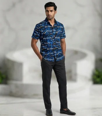 Men's Blue Baroque Print Resort Collar Half Sleeve Luxury Shirt (2)