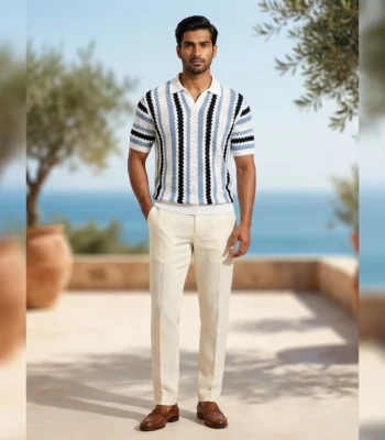 Men’s Blue and Black Zigzag Striped Knit Polo T Shirt (3)