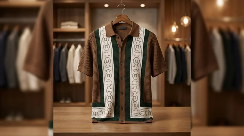 Men’s Brown & Green Geometric Knit Vertical Stripe Resort Polo Shirt (3)