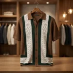 Men’s Brown & Green Geometric Knit Vertical Stripe Resort Polo Shirt (3)