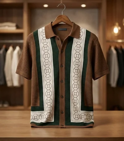 Men’s Brown & Green Geometric Knit Vertical Stripe Resort Polo Shirt (3)