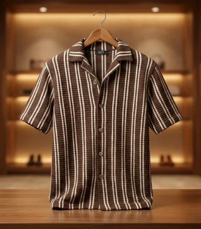 Men's Brown Vertical Stripe Textured Knit Resort Shirt (3)