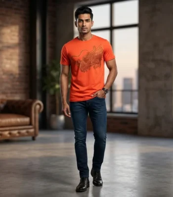 Men's Burnt Orange Dragon Embellished Premium Cotton Slim Fit T Shirt (1)