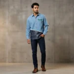 Men's Dual Tone Distressed Denim and Vegan Leather Panel Shirt (1)