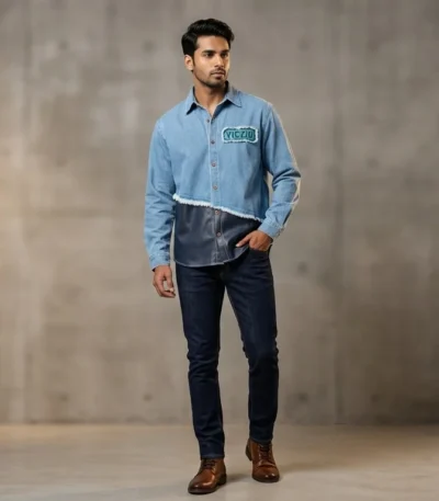 Men's Dual Tone Distressed Denim and Vegan Leather Panel Shirt (1)