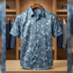 Men's Dusty Blue Leaf Print Premium Satin Slim Fit Half Sleeve Shirt (2)