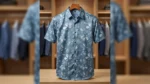 Men's Dusty Blue Leaf Print Premium Satin Slim Fit Half Sleeve Shirt (2)