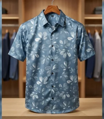 Men's Dusty Blue Leaf Print Premium Satin Slim Fit Half Sleeve Shirt (2)