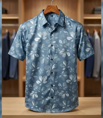 Men's Dusty Blue Leaf Print Premium Satin Slim Fit Half Sleeve Shirt (2)