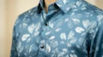 Men's Dusty Blue Leaf Print Premium Satin Slim Fit Half Sleeve Shirt (4)