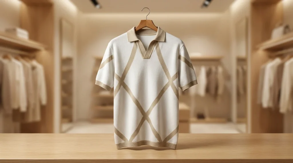 Men’s Geometric Knit Half Sleeve Polo Shirt – Ivory & Beige (4)