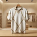 Men’s Geometric Knit Half Sleeve Polo Shirt – Ivory & Beige (4)