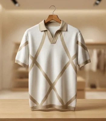 Men’s Geometric Knit Half Sleeve Polo Shirt – Ivory & Beige (4)