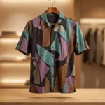 Men’s Geometric Suede Patchwork Cubano Shirt Earthy Multi (3)