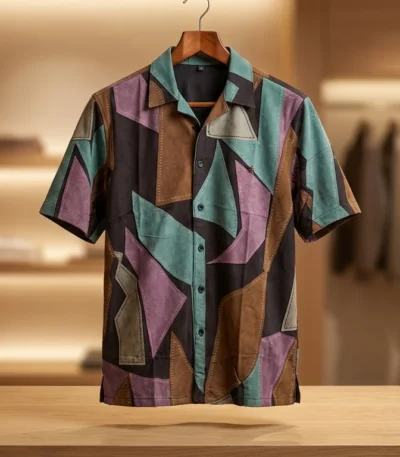 Men’s Geometric Suede Patchwork Cubano Shirt Earthy Multi (3)