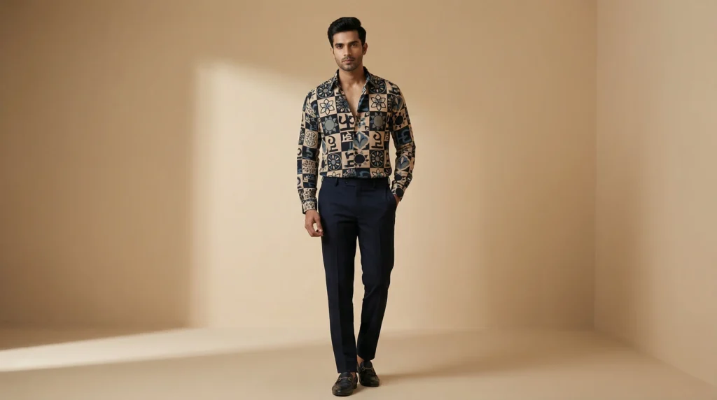 Men’s Indigo & Beige Mandala Print Premium Full Sleeve Cotton Shirt (3)