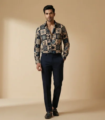 Men’s Indigo & Beige Mandala Print Premium Full Sleeve Cotton Shirt (3)