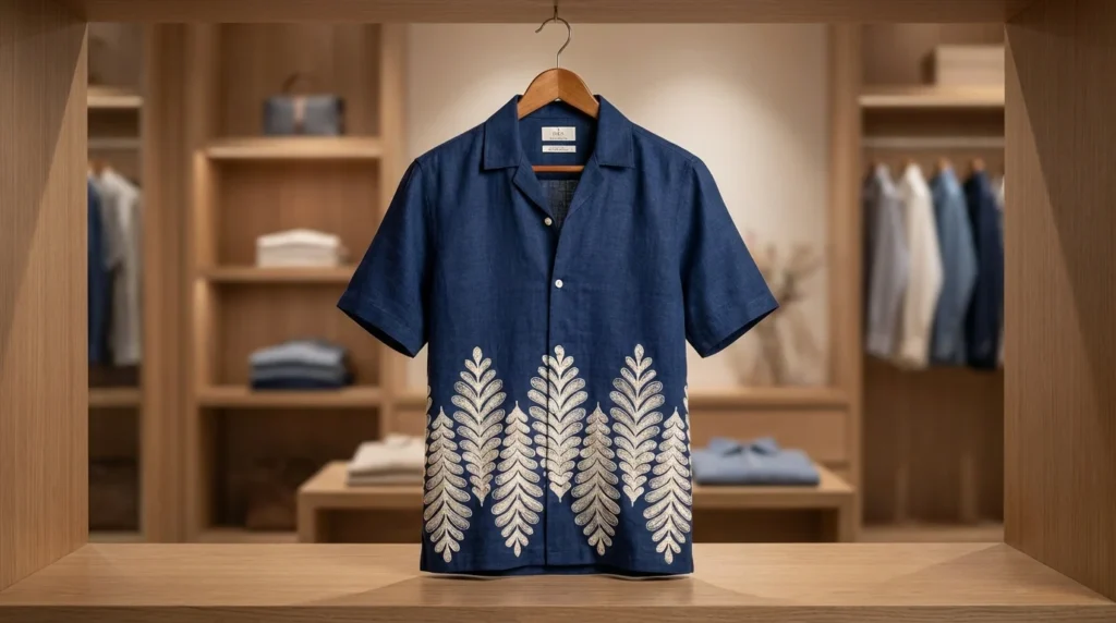 Men’s Indigo Blue Embroidered Linen Cuban Collar Half Sleeve Shirt (2)