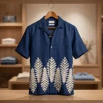 Men’s Indigo Blue Embroidered Linen Cuban Collar Half Sleeve Shirt (2)