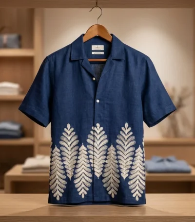 Men’s Indigo Blue Embroidered Linen Cuban Collar Half Sleeve Shirt (2)