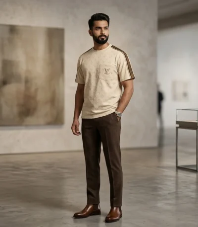 Men’s Luxury Beige Monogram Embossed Pocket T Shirt (1)