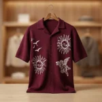 Men’s Maroon Knit Camp Collar Shirt with Celestial Graphic Prints (2)