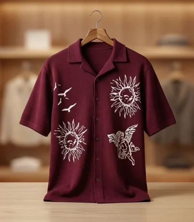 Men’s Maroon Knit Camp Collar Shirt with Celestial Graphic Prints (2)