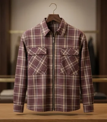 Men’s Maroon Plaid Zip Front Overshirt – Premium Cotton Shacket (3)