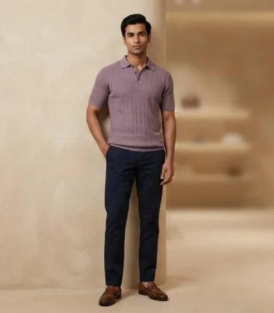 Men's Mauve Ribbed Knit Premium Polo T Shirt Slim Fit (2)