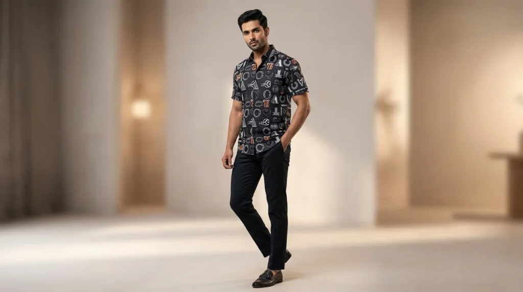 Men's Navy Blue Roberto Cavalli Monogram Print Resort Shirt (1)