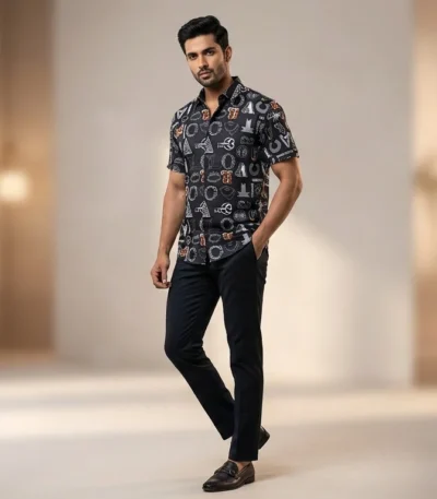 Men's Navy Blue Roberto Cavalli Monogram Print Resort Shirt (1)