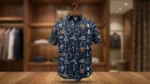 Men's Navy Blue Roberto Cavalli Monogram Print Resort Shirt (2)