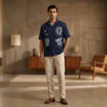 Men's Navy Blue Sun & Cherub Graphic Relaxed Fit Resort Shirt (5)