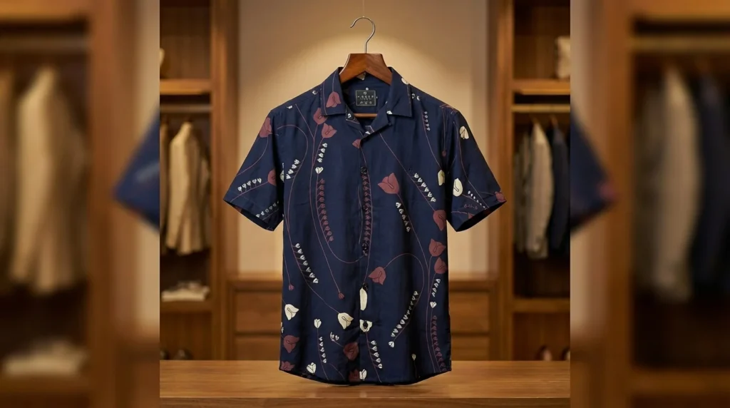 Men's Navy Floral Print Premium Cotton Cuban Collar Half Sleeve Shirt (3)