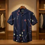 Men's Navy Floral Print Premium Cotton Cuban Collar Half Sleeve Shirt (3)