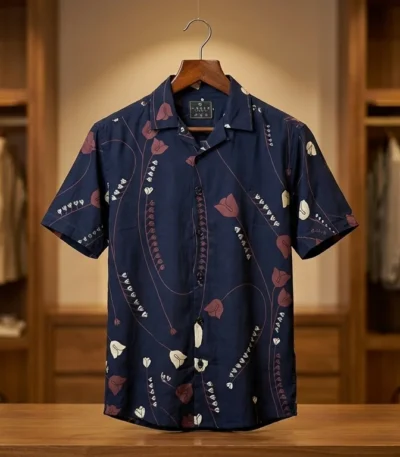 Men's Navy Floral Print Premium Cotton Cuban Collar Half Sleeve Shirt (3)