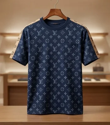 Men's Navy Monogram Premium Crew Neck T Shirt with Contrast Panel (2)