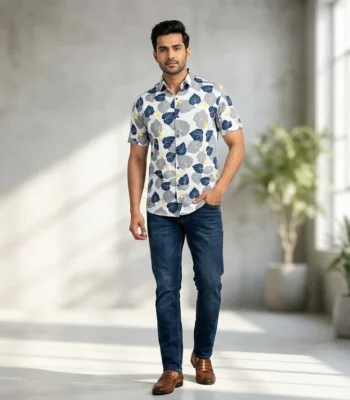 Men’s Navy & Yellow Floral Print Premium Casual Shirt (2)