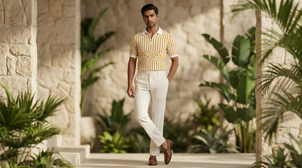 Men's Ochre Geometric Knit Quarter Zip Polo T Shirt – Premium Slim Fit (2)