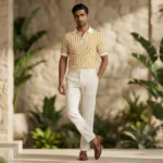 Men's Ochre Geometric Knit Quarter Zip Polo T Shirt – Premium Slim Fit (2)