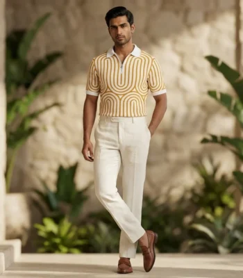 Men's Ochre Geometric Knit Quarter Zip Polo T Shirt – Premium Slim Fit (2)