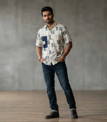 Men's Off White Abstract Typography Print Resort Shirt with Contrast Pocket (1)