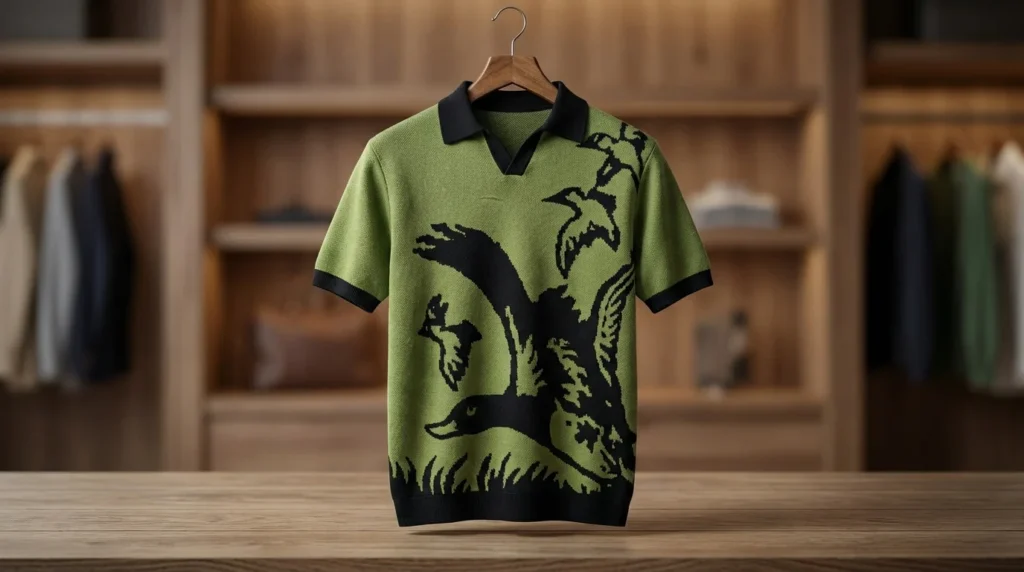 Men's Olive Green Bird Intarsia Knit Polo T Shirt Premium Slim Fit (4)
