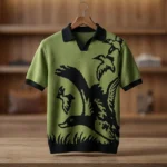 Men's Olive Green Bird Intarsia Knit Polo T Shirt Premium Slim Fit (4)